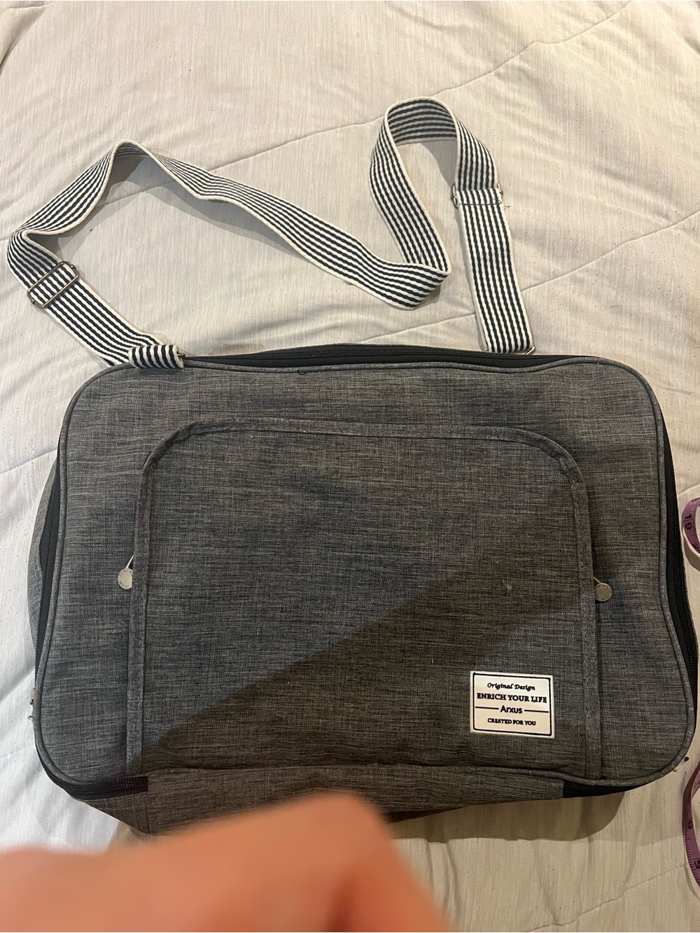 Men's Gray Laptop Crossbody Bag with Striped Strap